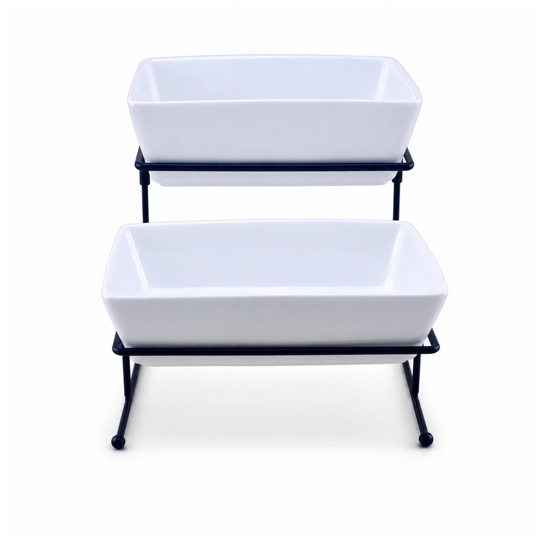Brilliant Porcelain Deep Dessert Platter With Black Stand | 2-Tier