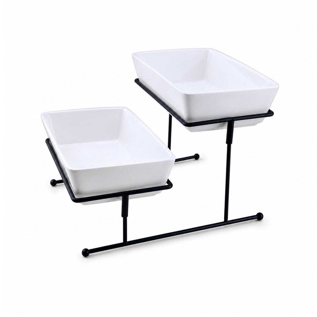 Brilliant Porcelain Deep Dessert Platter With Black Stand | 2-Tier
