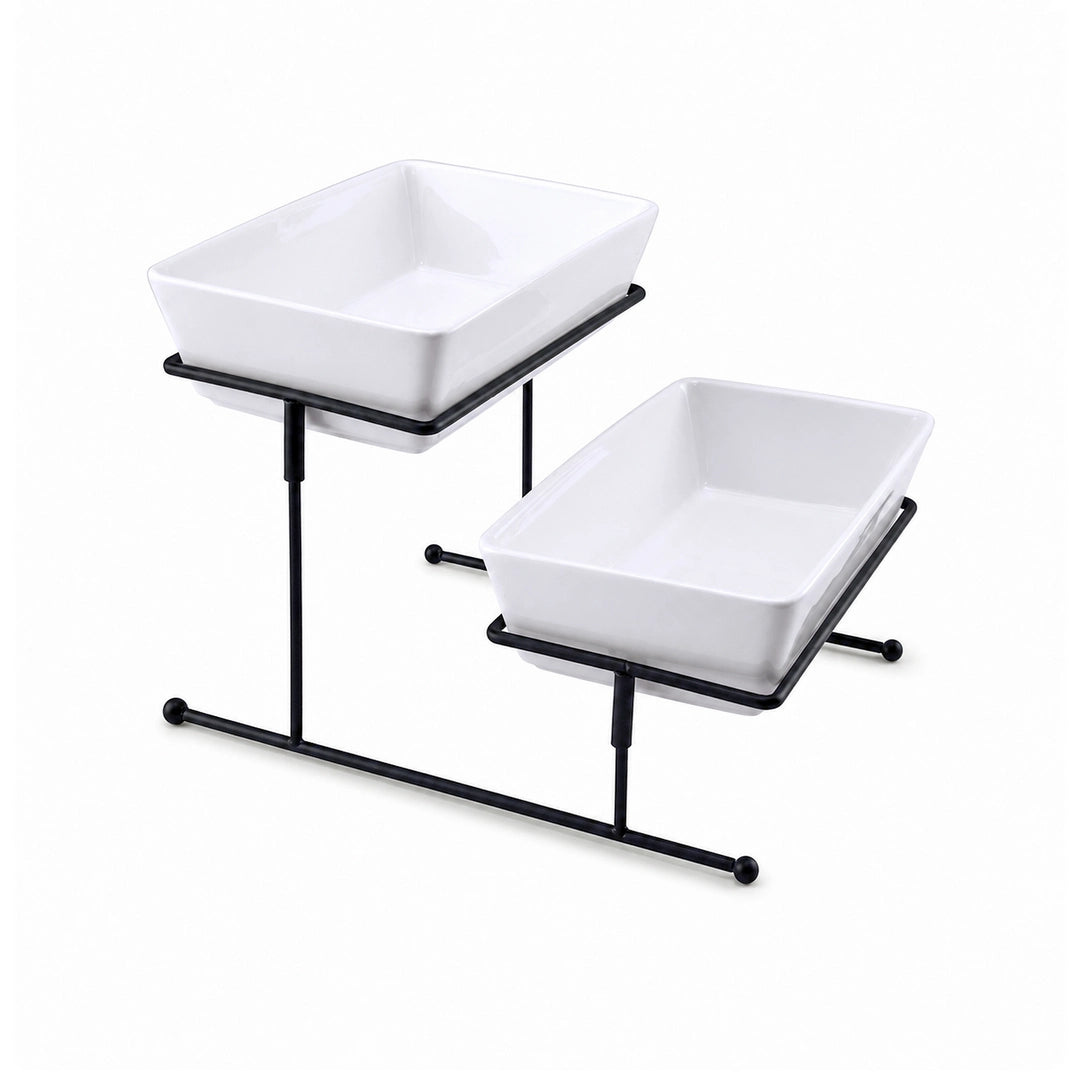 Brilliant Porcelain Deep Dessert Platter With Black Stand | 2-Tier