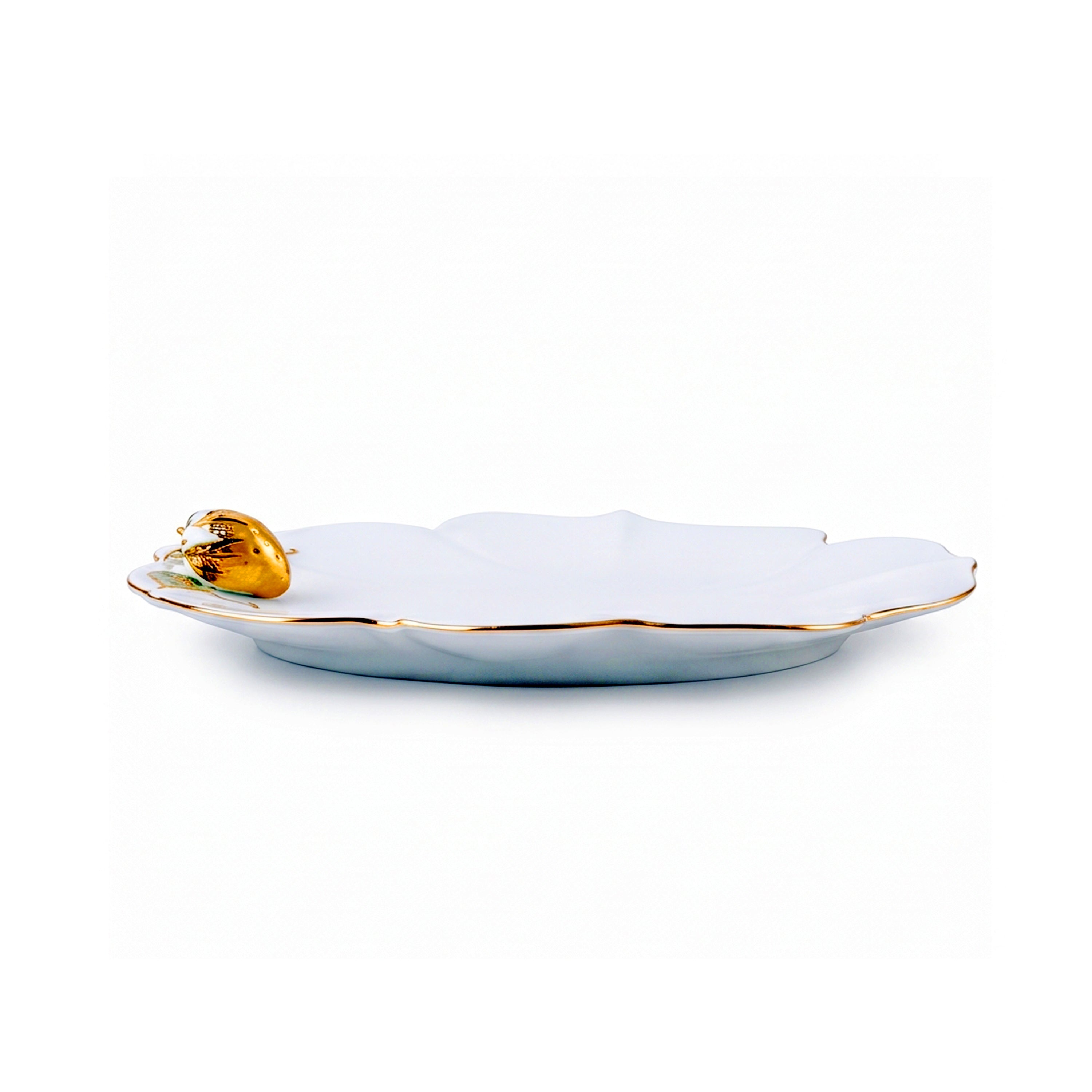 Angela Ceramic Flat Plate | White & Gold Strawberry Design | 10 Inch