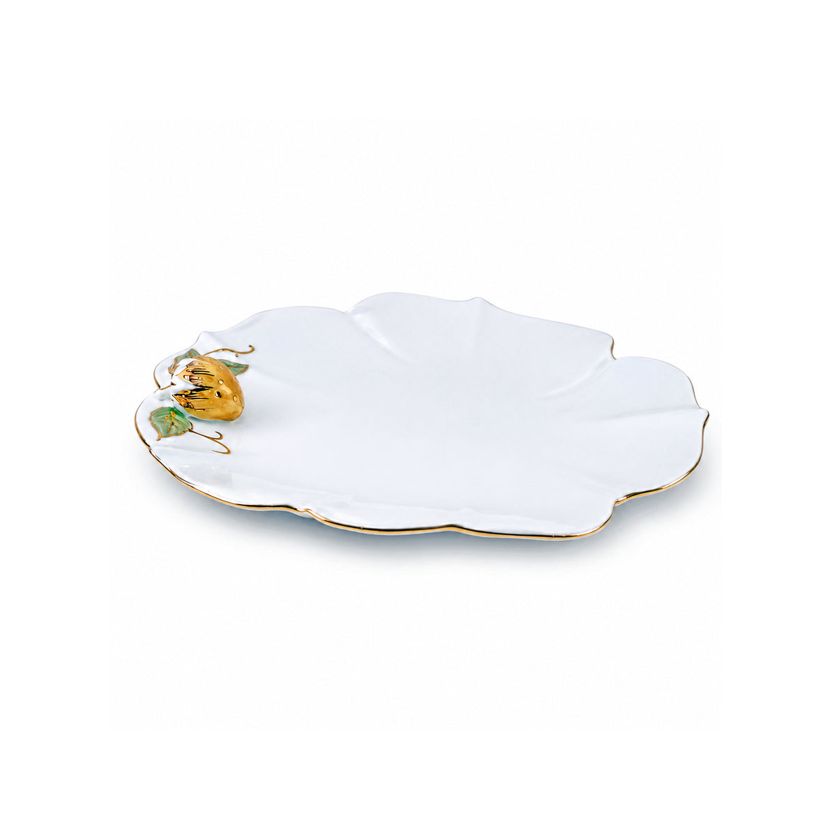 Angela Ceramic Flat Plate | White & Gold Strawberry Design | 10 Inch