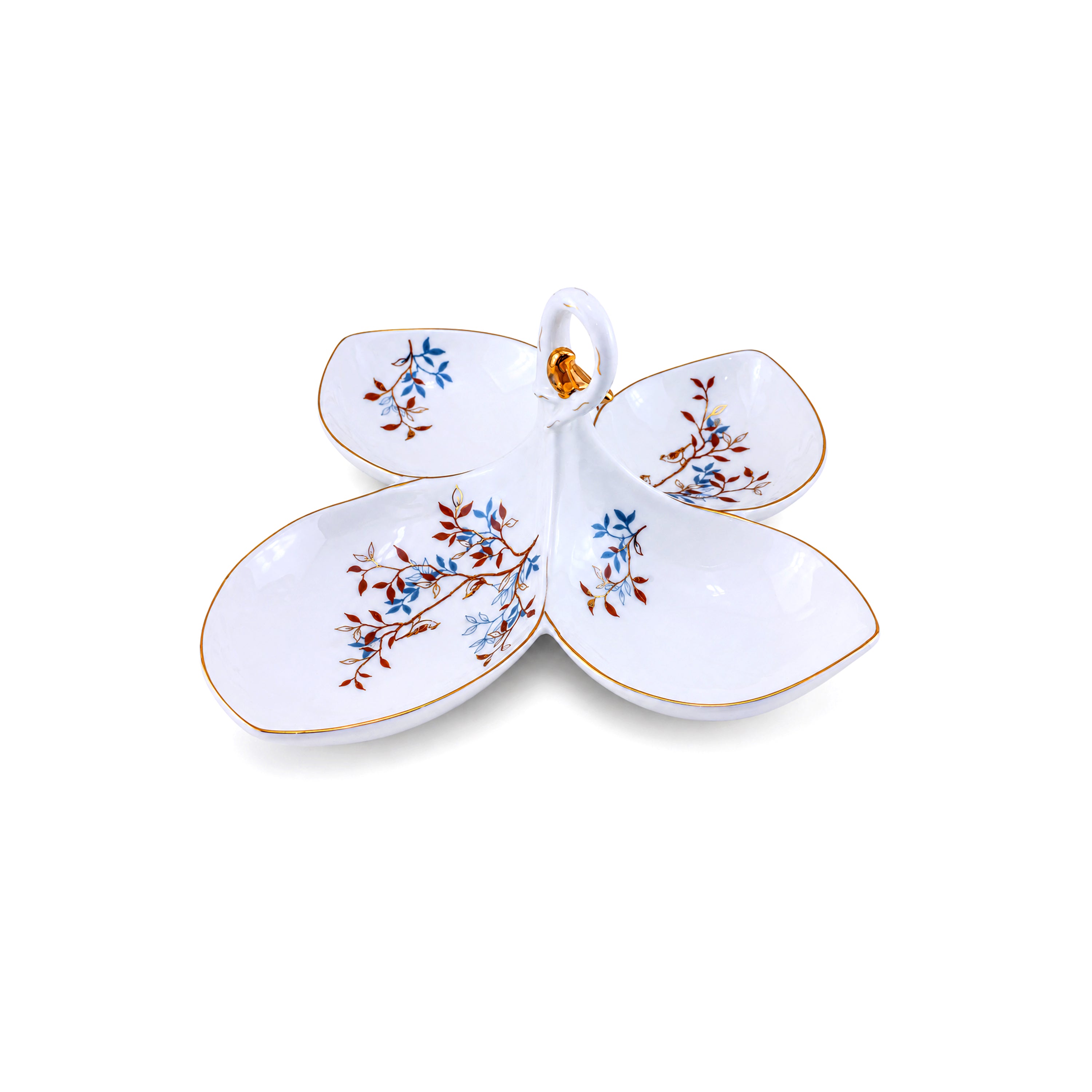 Angela Ceramic Serving Dish With Handle | White And Gold Bird Design | 4-Portion