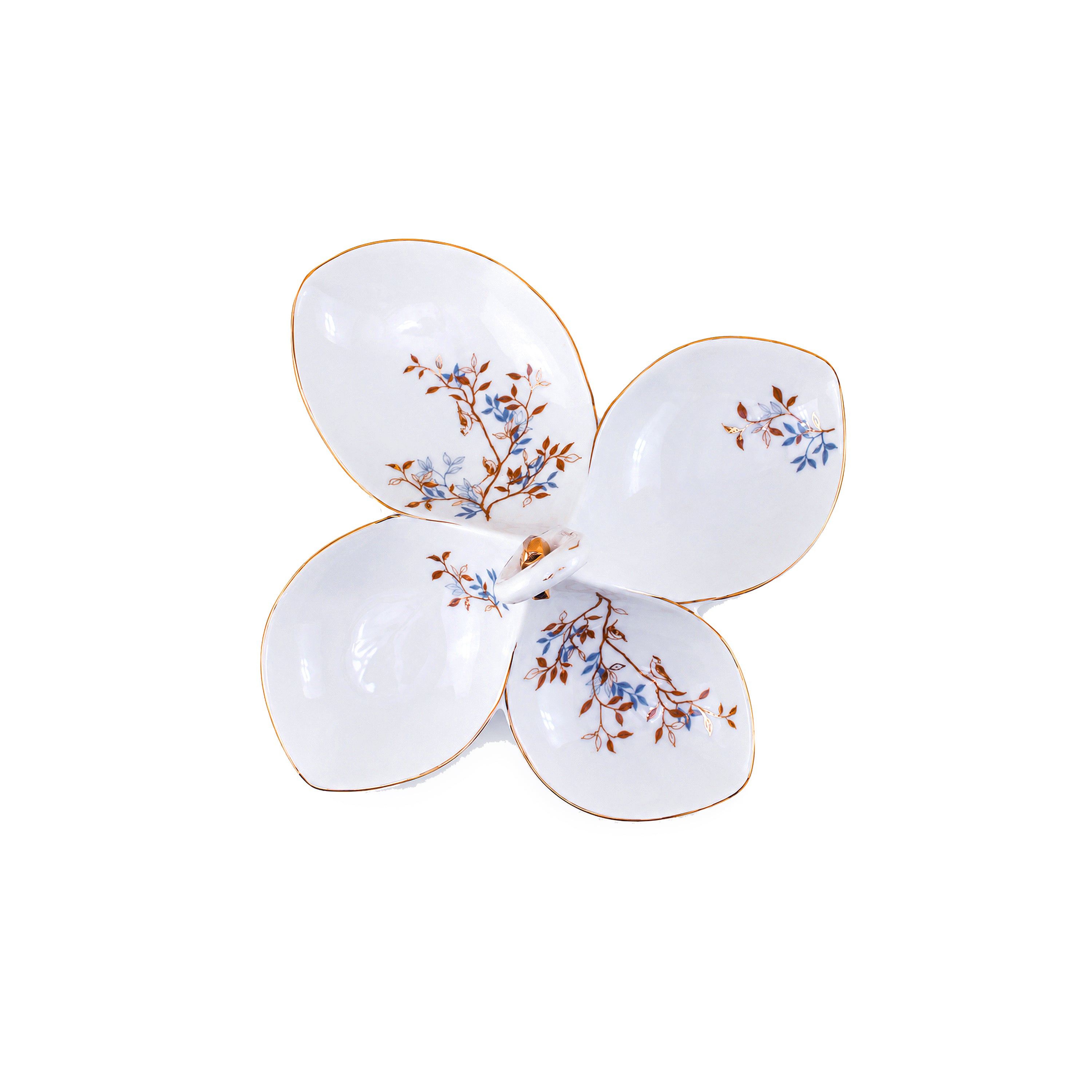 Angela Ceramic Serving Dish With Handle | White And Gold Bird Design | 4-Portion