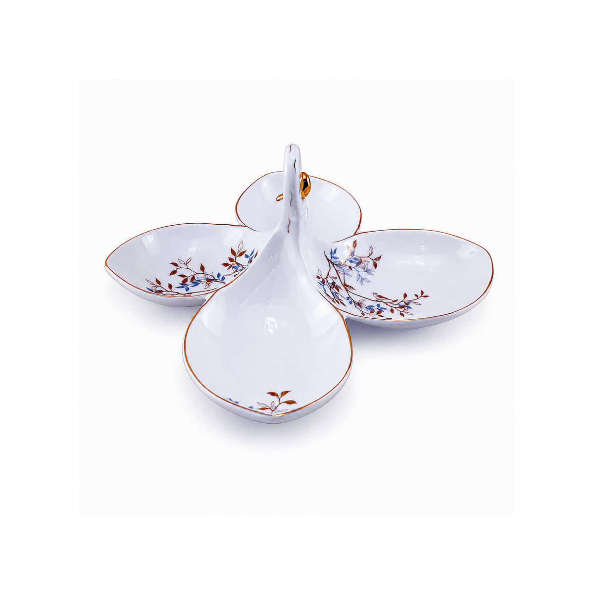 Angela Ceramic Serving Dish With Handle | White And Gold Bird Design | 4-Portion