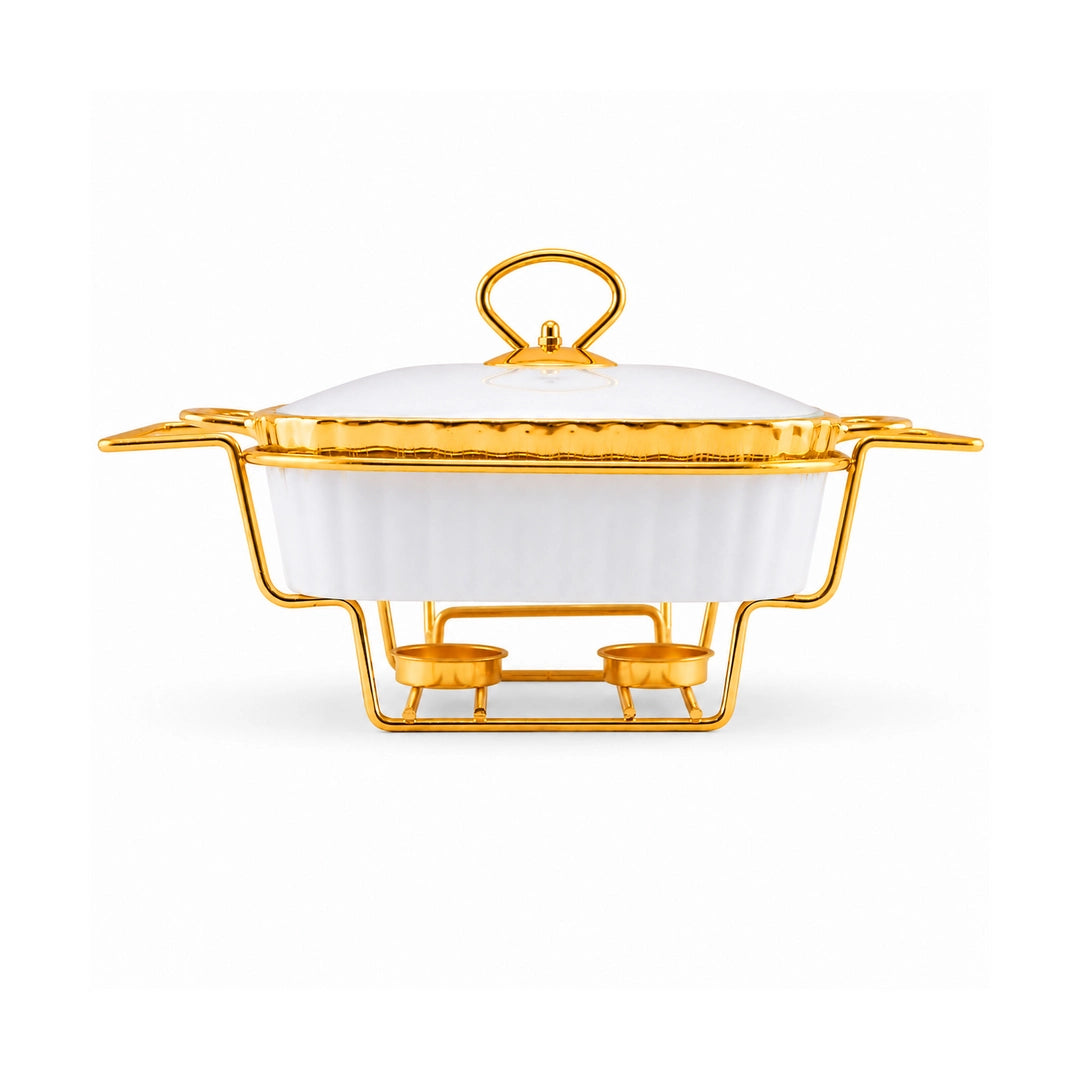 Brilliant Ceramic Rectangular Food Warmer | White And Gold | 11 Inch