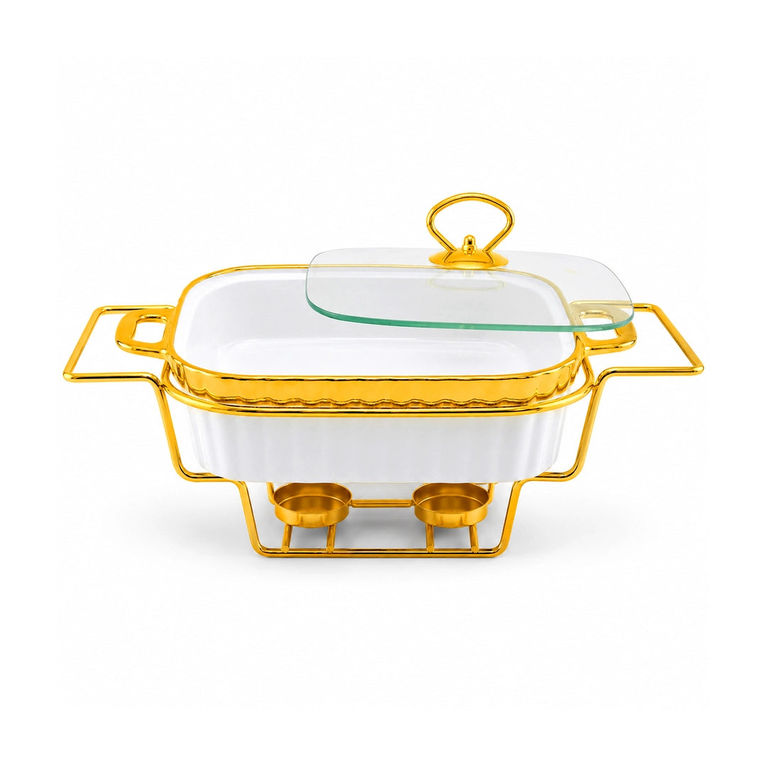 Brilliant Ceramic Rectangular Food Warmer | White And Gold | 11 Inch