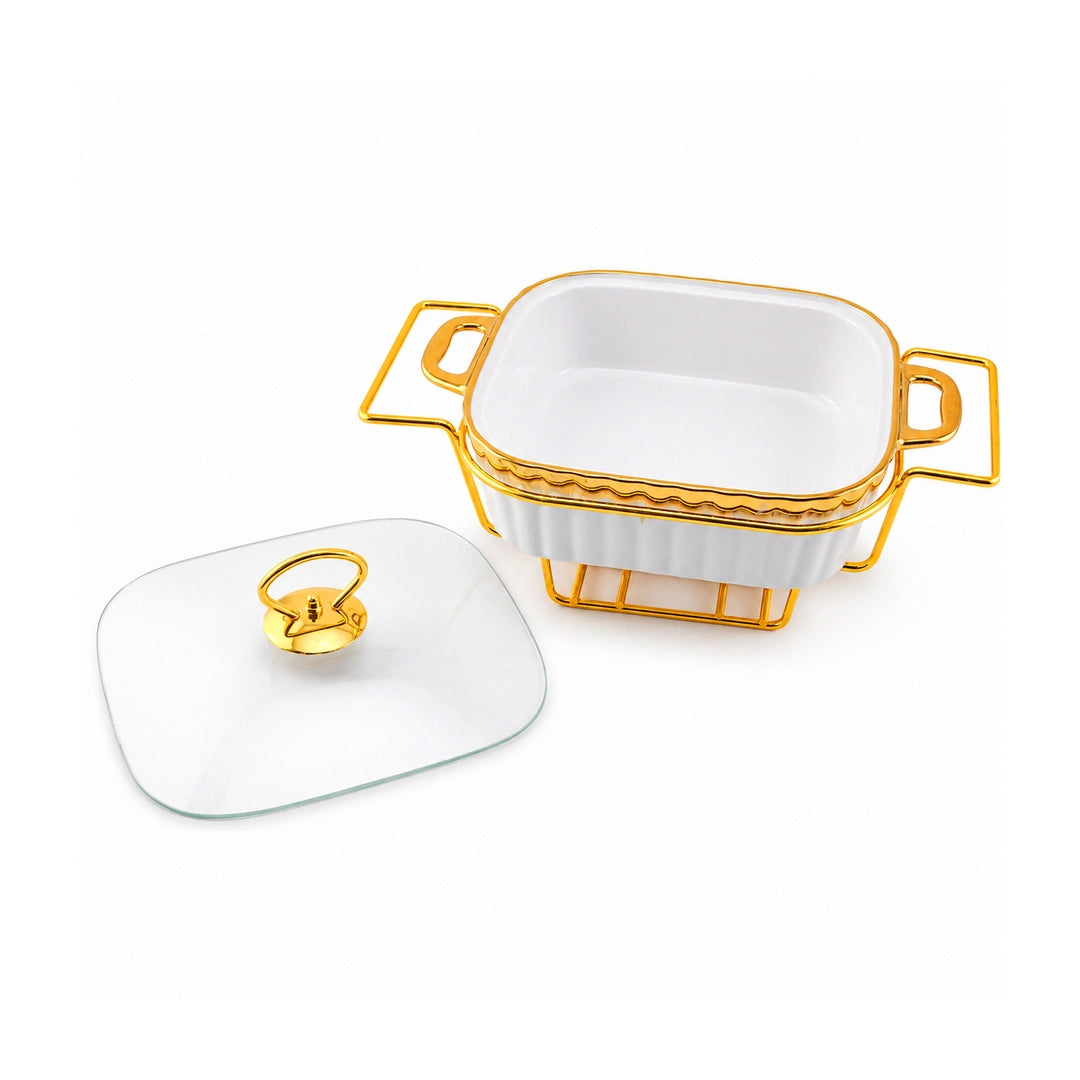 Brilliant Ceramic Rectangular Food Warmer | White And Gold | 11 Inch