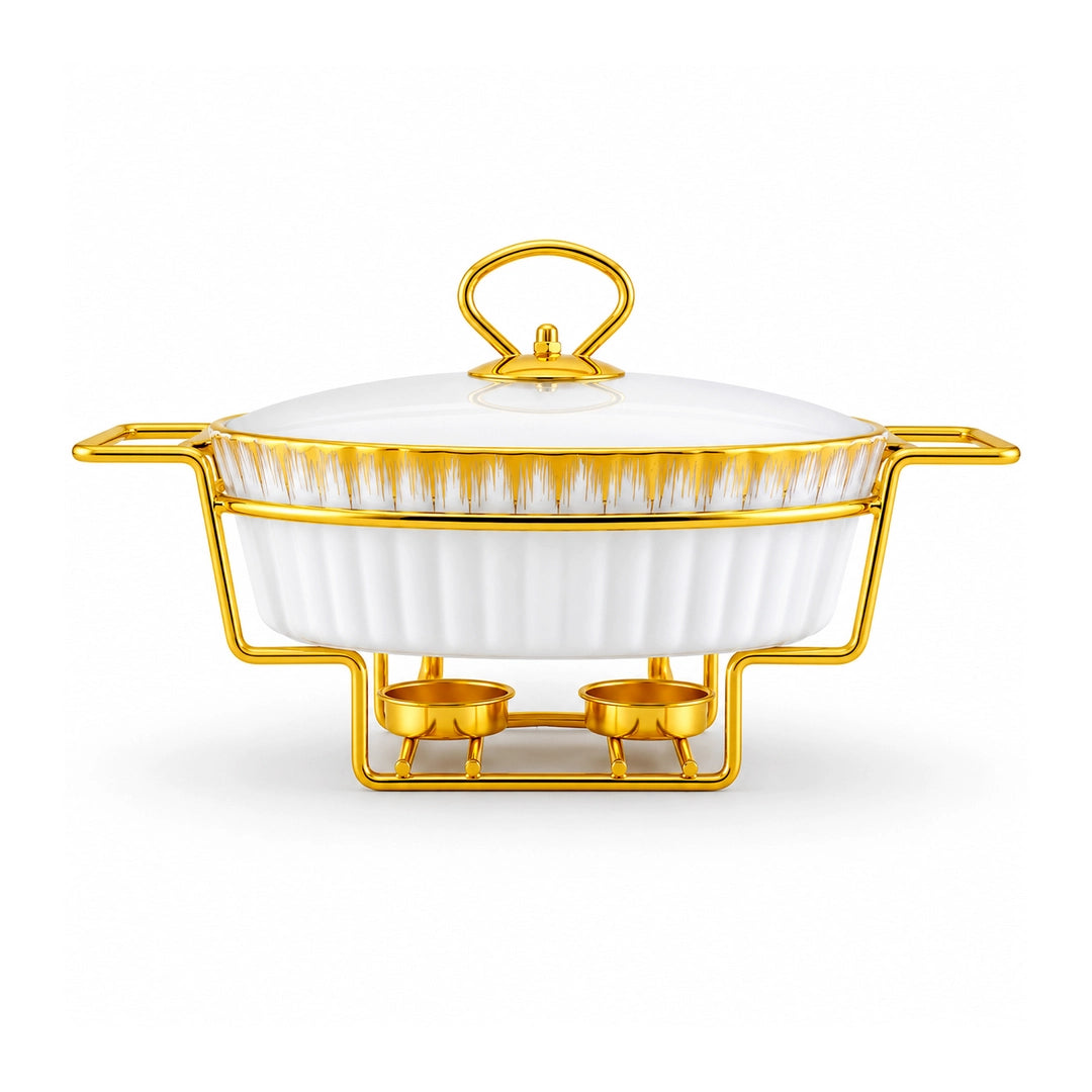 Brilliant Ceramic Oval Food Warmer | White And Gold | 11 Inch