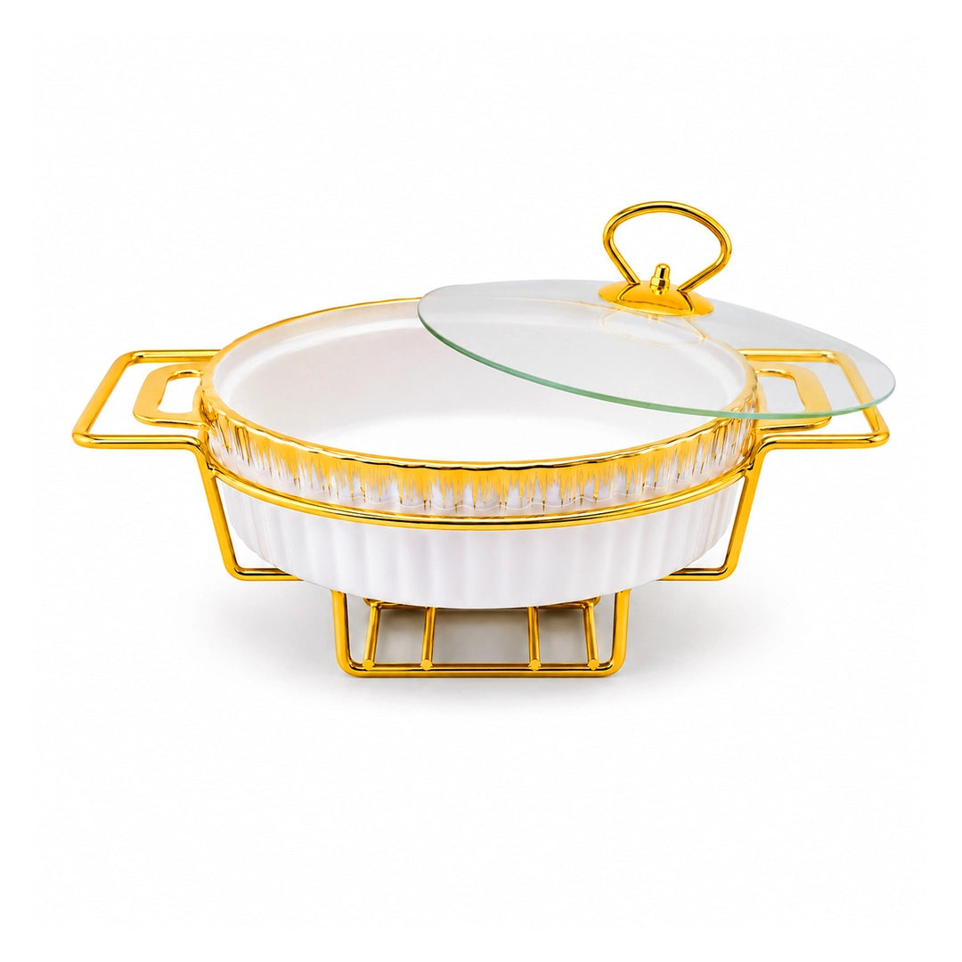 Brilliant Ceramic Oval Food Warmer | White And Gold | 11 Inch
