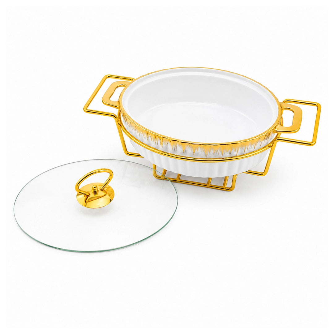 Brilliant Ceramic Oval Food Warmer | White And Gold | 11 Inch