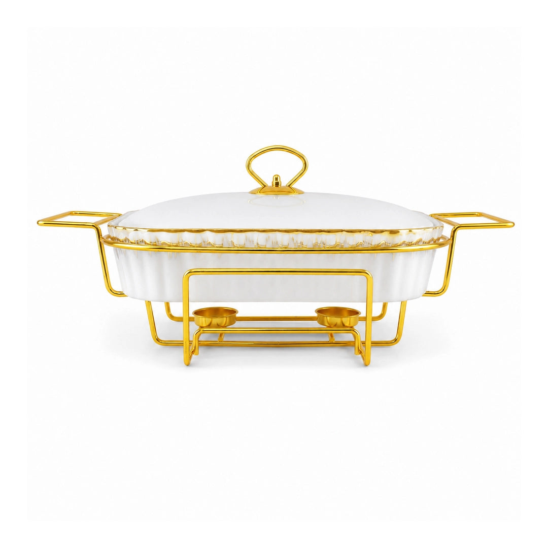 Brilliant Ceramic Rectangular Food Warmer | White And Gold | 15 Inch