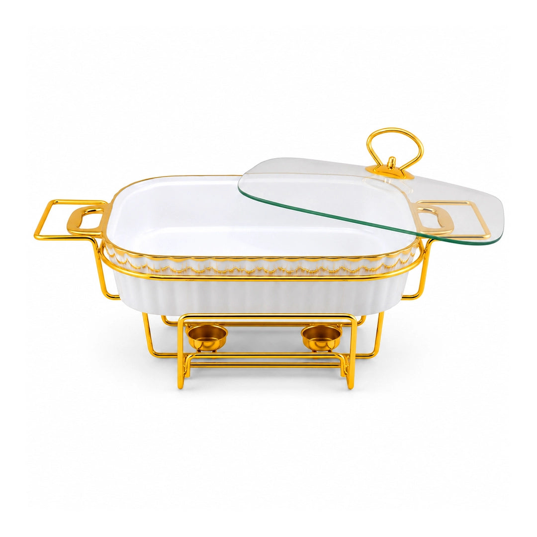 Brilliant Ceramic Rectangular Food Warmer | White And Gold | 15 Inch