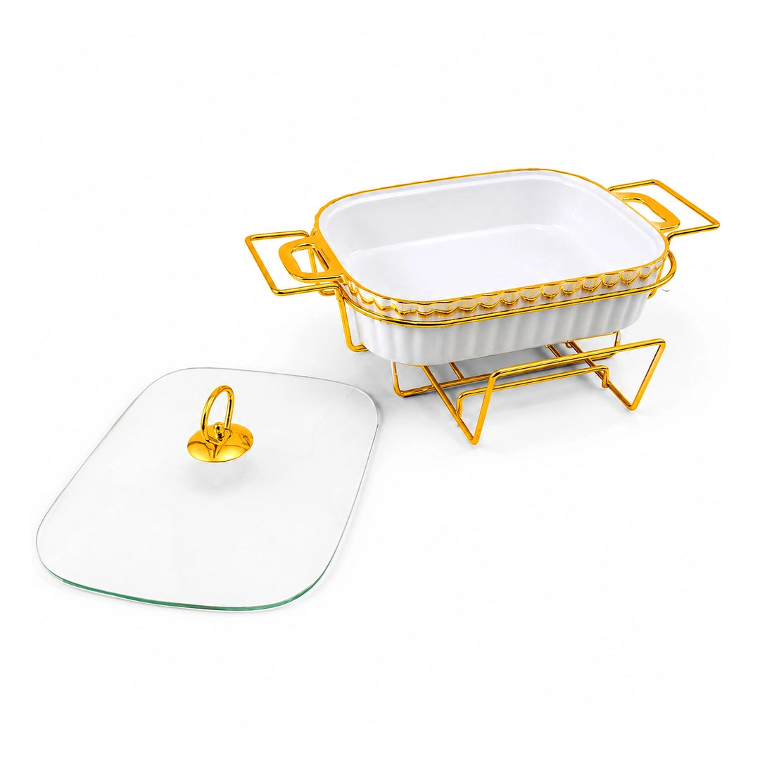 Brilliant Ceramic Rectangular Food Warmer | White And Gold | 15 Inch