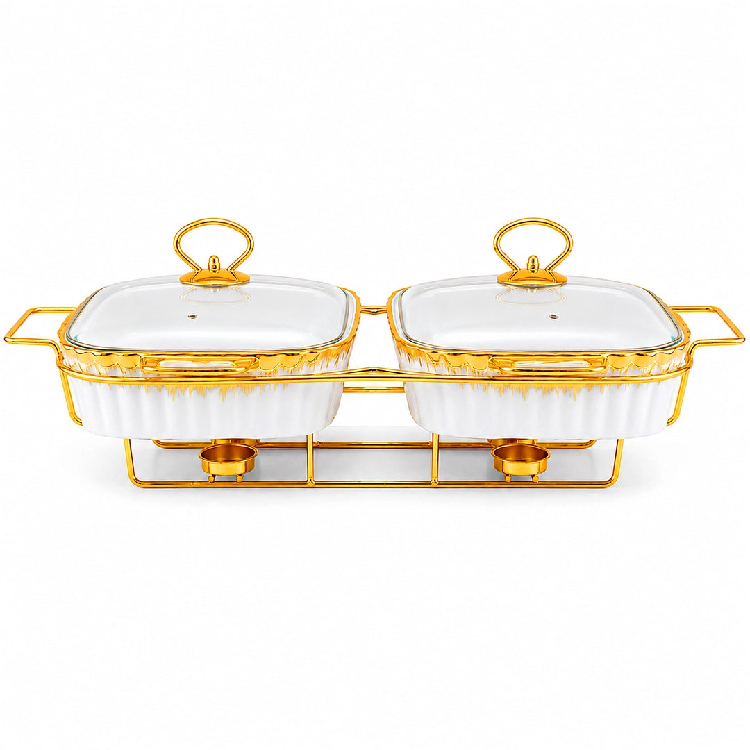 Brilliant Ceramic Rectangular Twin Food Warmer | White And Gold Twin | 13-Inch 2-Portion