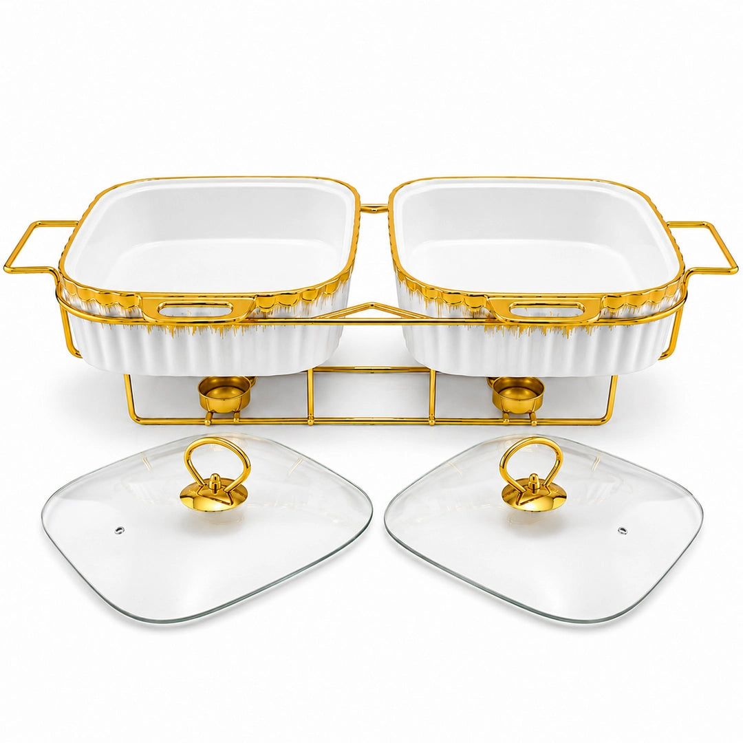 Brilliant Ceramic Rectangular Twin Food Warmer | White And Gold Twin | 13-Inch 2-Portion