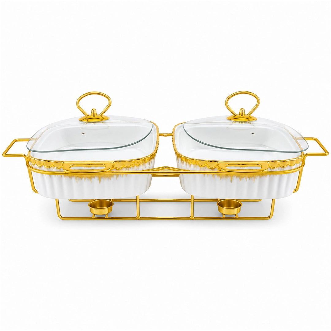 Brilliant Ceramic Rectangular Twin Food Warmer | White And Gold Twin | 13-Inch 2-Portion