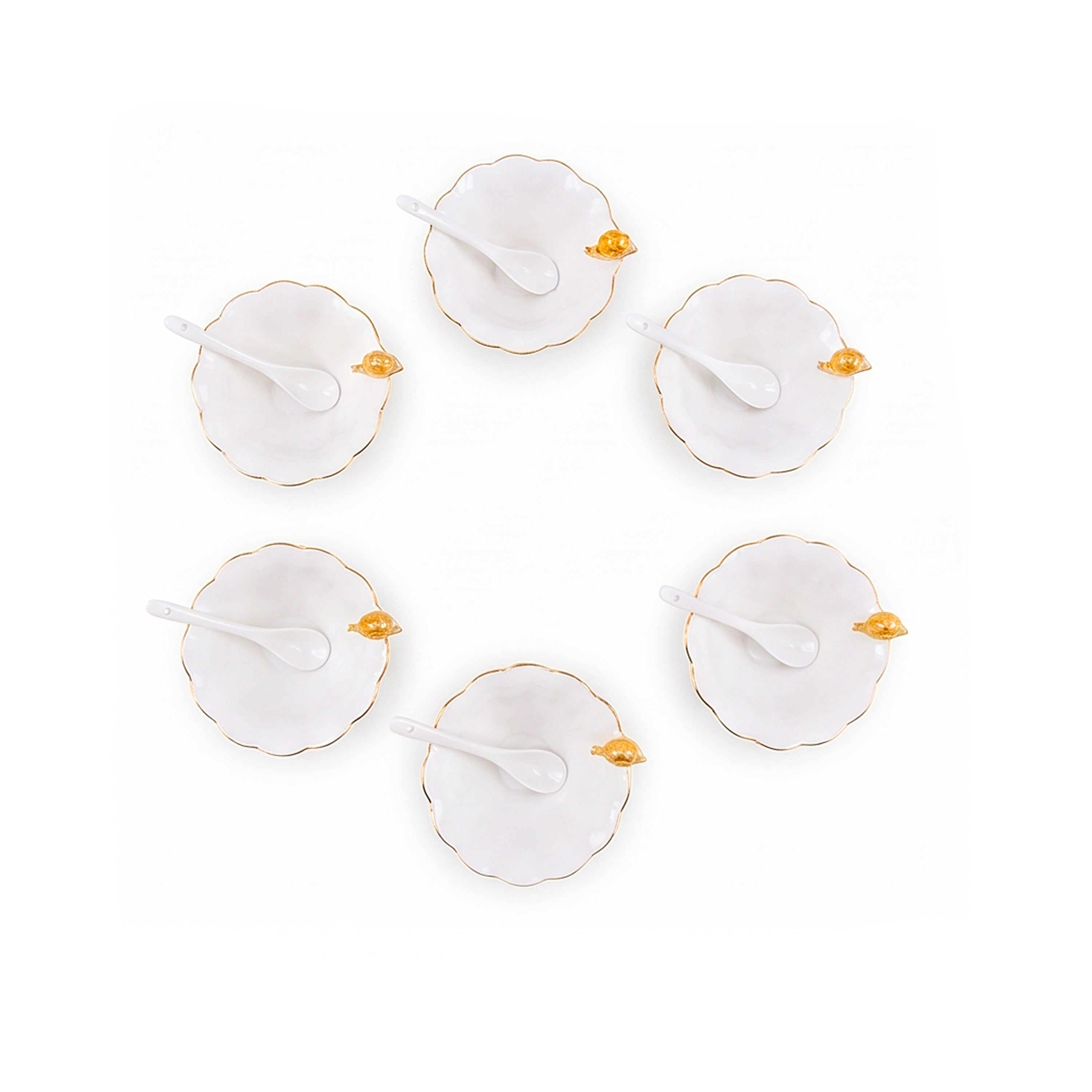 Angela Ceramic 6-Piece Dessert Cup And Spoon Set | White & Gold Bird Design | 300 mL
