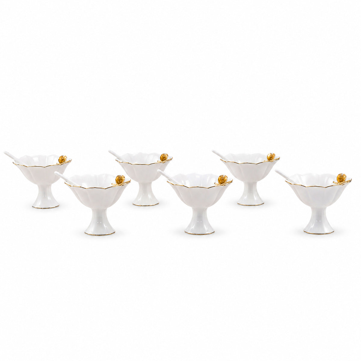 Angela Ceramic 6-Piece Dessert Cup And Spoon Set | White & Gold Bird Design | 300 mL