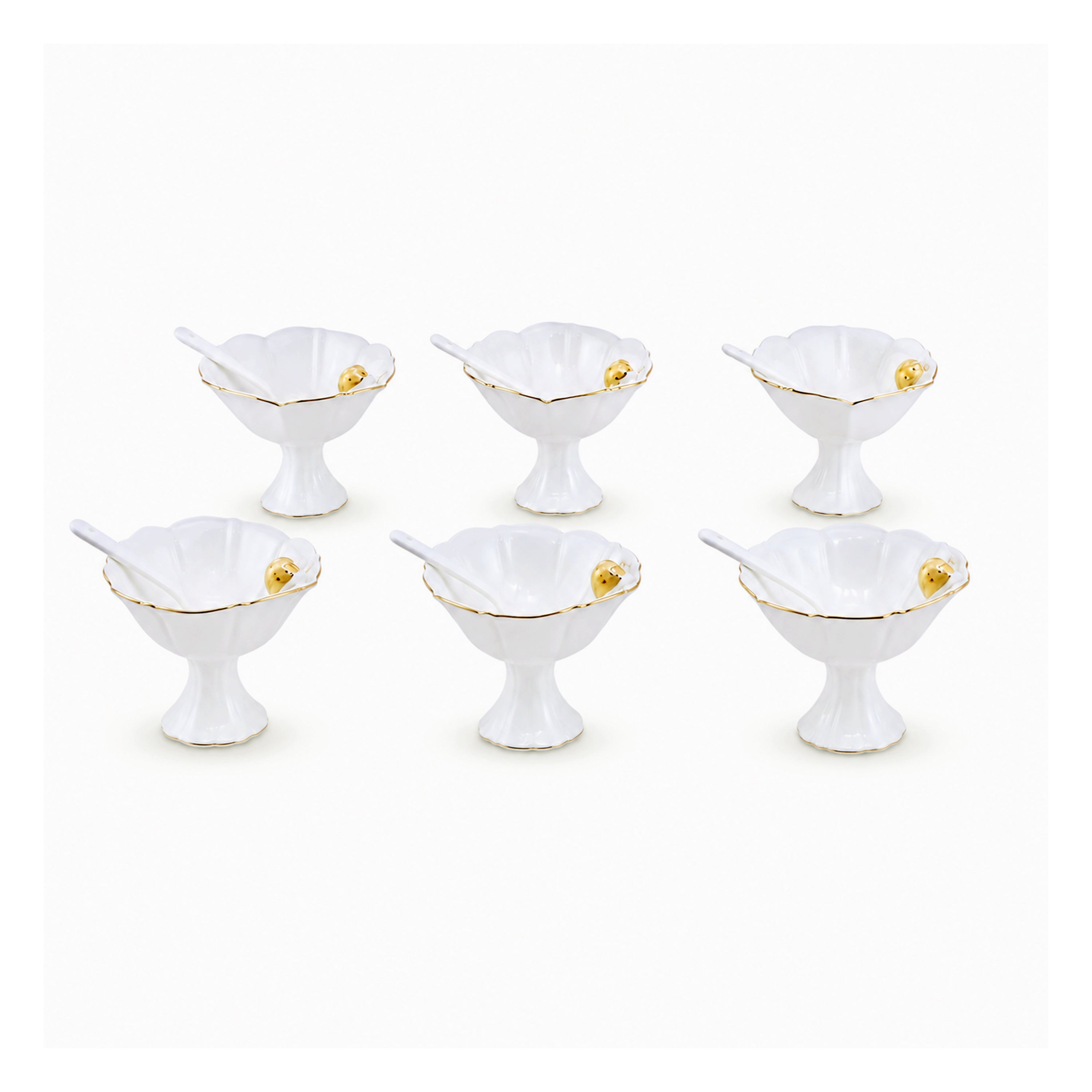 Angela Ceramic 6-Piece Dessert Cup And Spoon Set | White & Gold Bird Design | 300 mL