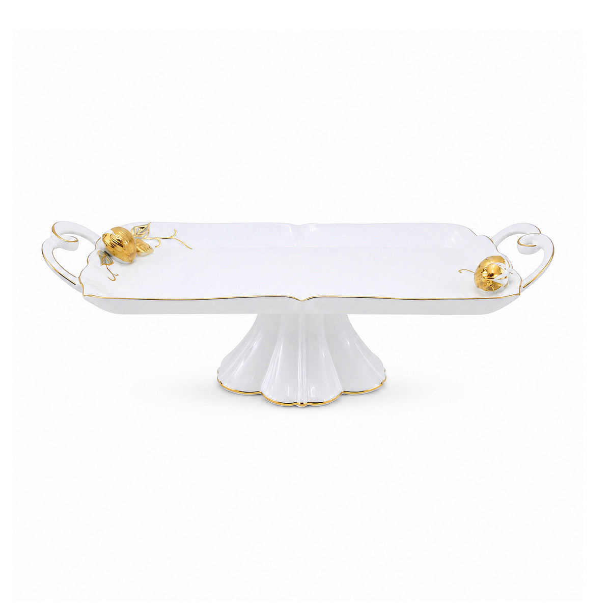 Angela Ceramic Rectangular Serving Dish | White & Gold Strawberry Design | 14 Inch