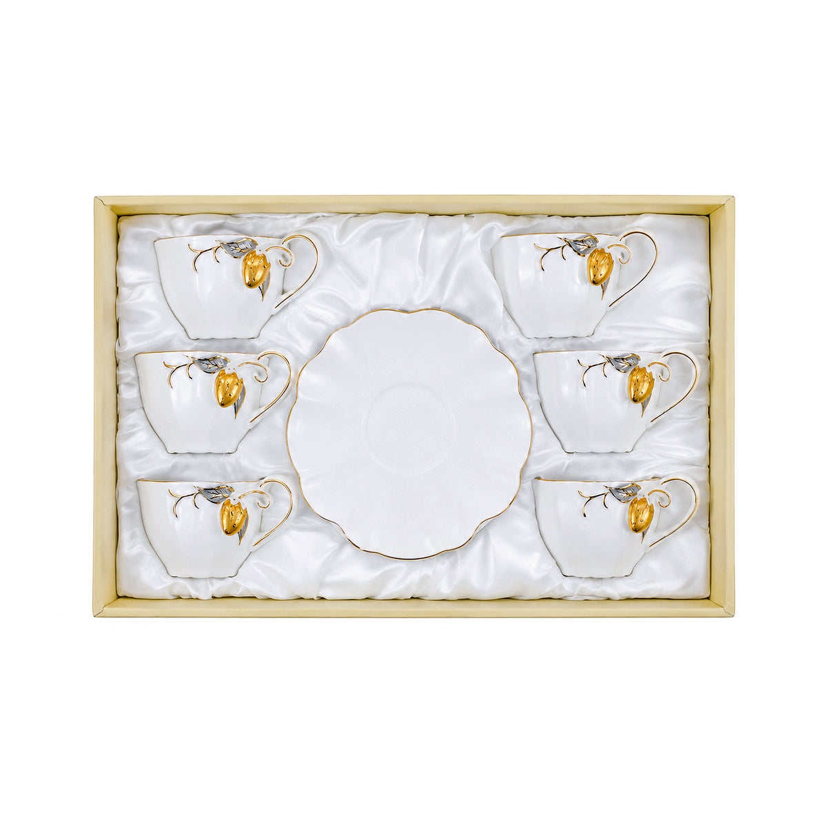 Angela 6-Piece Ceramic Cup And Saucer Set | White & Gold Strawberry Design | 150 mL