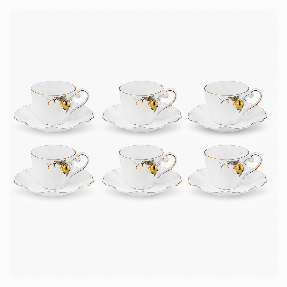Angela 6-Piece Ceramic Cup And Saucer Set | White & Gold Strawberry Design | 150 mL