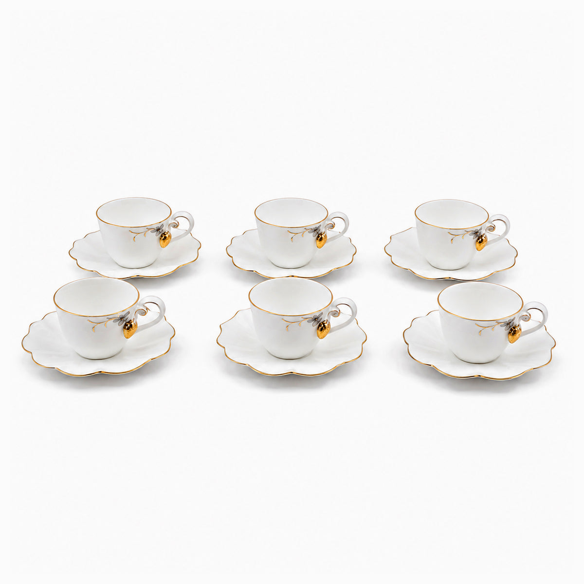 Angela 6-Piece Ceramic Cup And Saucer Set | White & Gold Strawberry Design | 150 mL