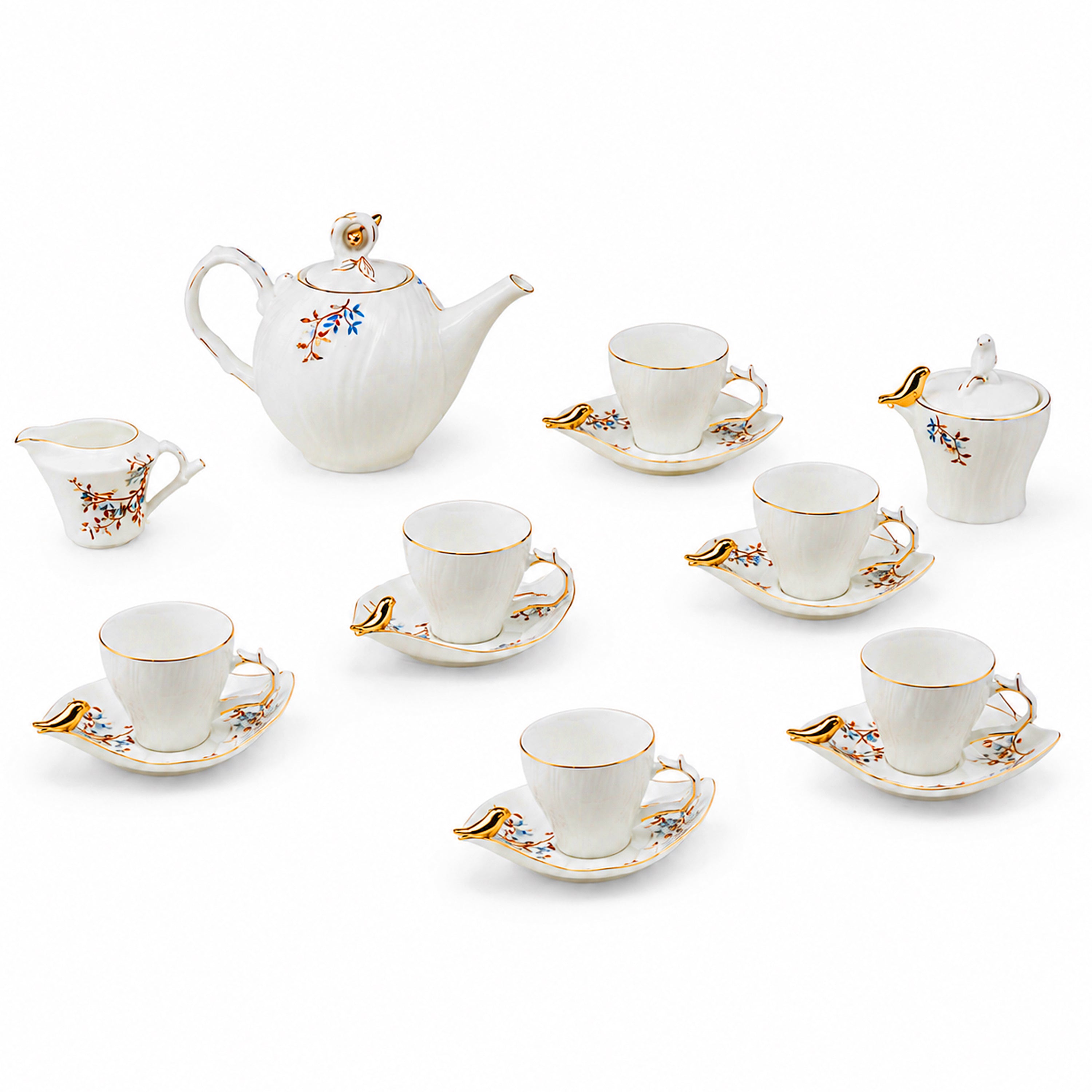 Angela Ceramic Tea Set | White & Gold Bird Design | 15-Piece