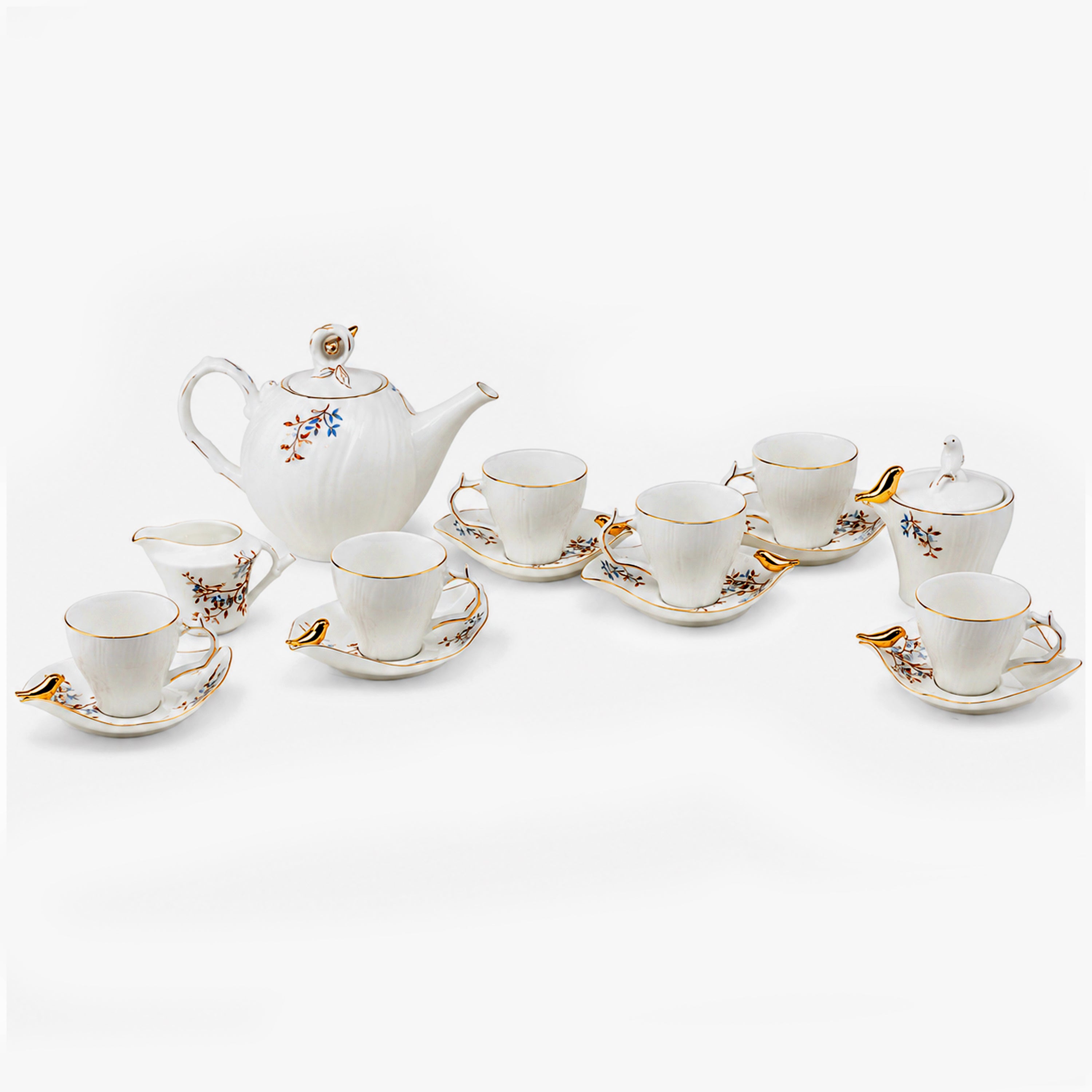 Angela Ceramic Tea Set | White & Gold Bird Design | 15-Piece