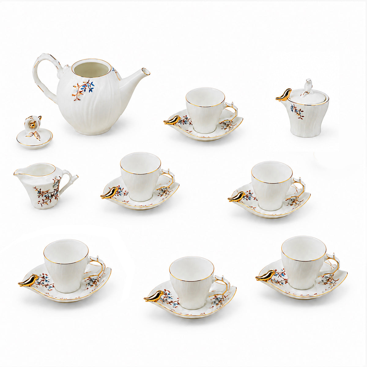 Angela Ceramic Tea Set | White & Gold Bird Design | 15-Piece