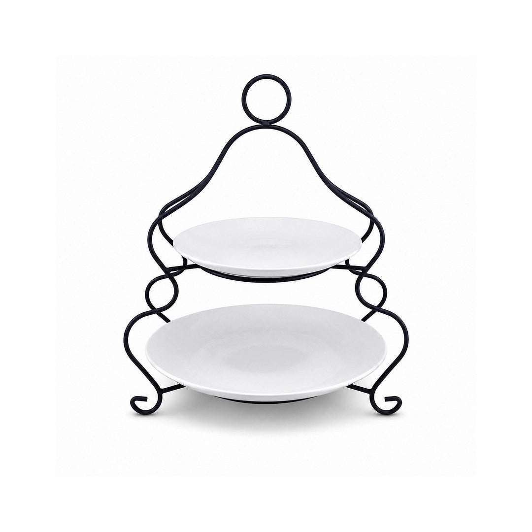 Brilliant Ceramic Round Dessert Stand | White Plates & Black Metal Stand | 2-Tier