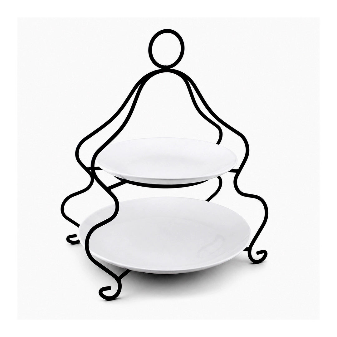 Brilliant Ceramic Round Dessert Stand | White Plates & Black Metal Stand | 2-Tier