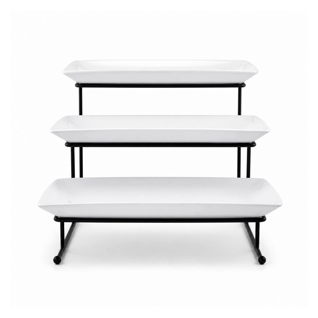 Brilliant Ceramic Rectangular Dessert Stand | White Plates & Black Metal Stand | 3-Tier