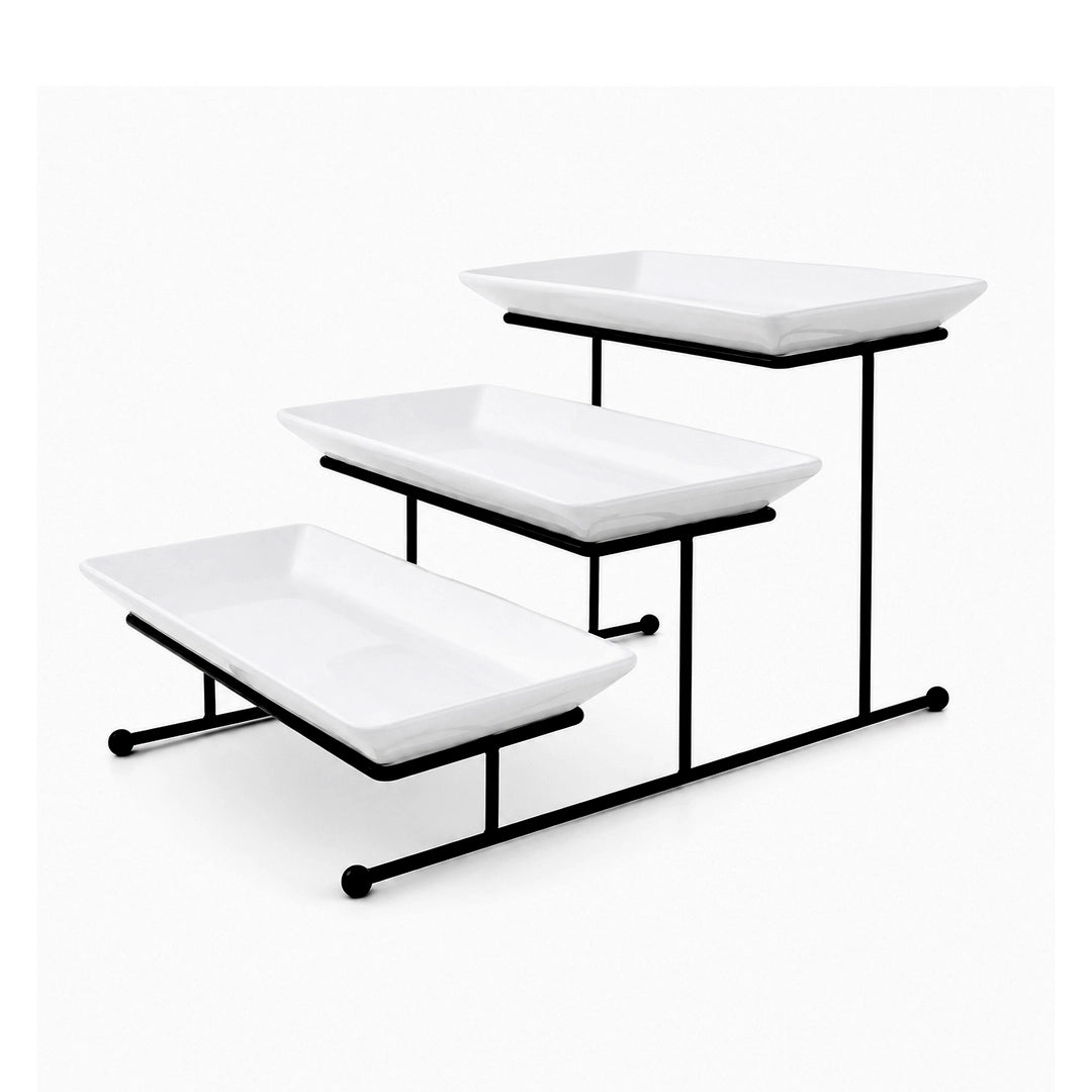 Brilliant Ceramic Rectangular Dessert Stand | White Plates & Black Metal Stand | 3-Tier