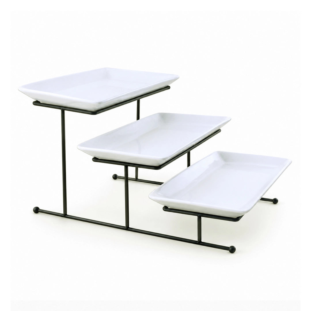 Brilliant Ceramic Rectangular Dessert Stand | White Plates & Black Metal Stand | 3-Tier