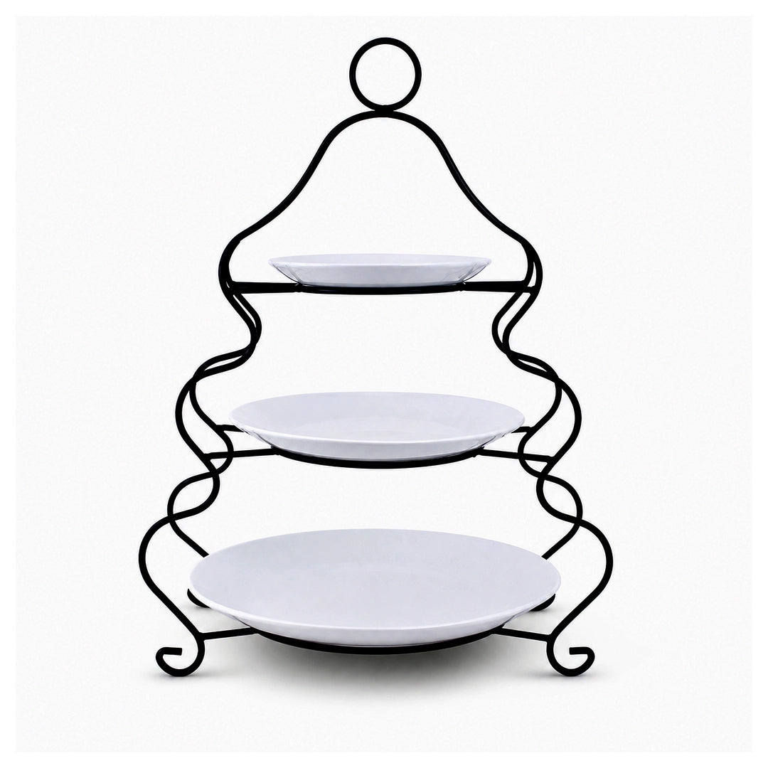 Brilliant Ceramic Round Dessert Stand | White Plates & Black Metal Stand | 3-Tier