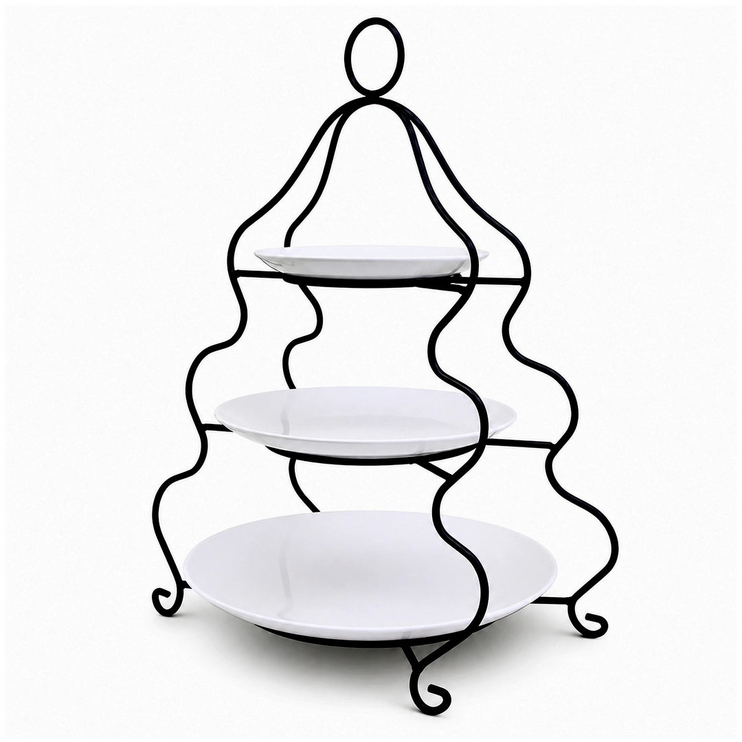 Brilliant Ceramic Round Dessert Stand | White Plates & Black Metal Stand | 3-Tier