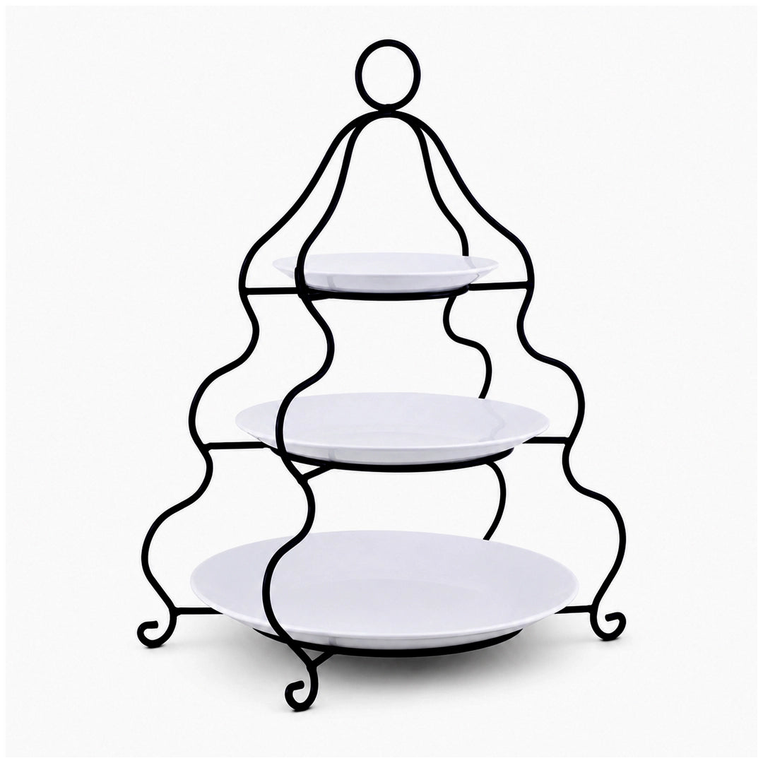 Brilliant Ceramic Round Dessert Stand | White Plates & Black Metal Stand | 3-Tier