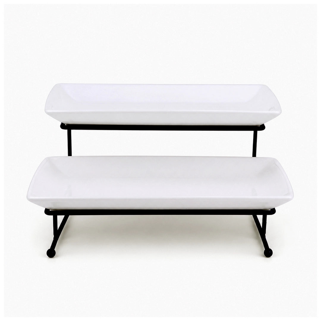 Brilliant Ceramic Rectangular Dessert Stand | White Plates & Black Metal Stand | 2-Tier