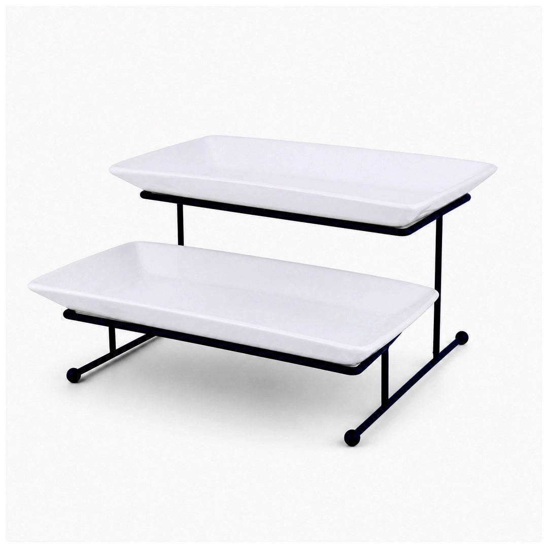 Brilliant Ceramic Rectangular Dessert Stand | White Plates & Black Metal Stand | 2-Tier