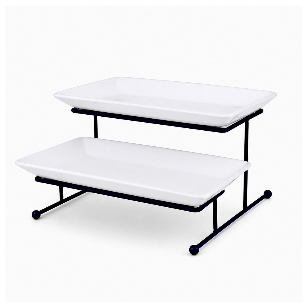 Brilliant Ceramic Rectangular Dessert Stand | White Plates & Black Metal Stand | 2-Tier