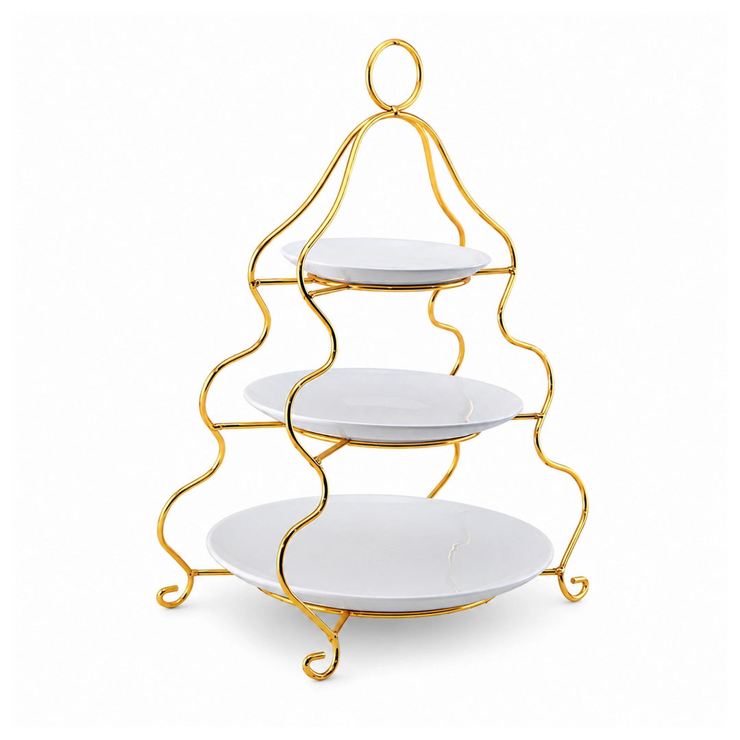 Brilliant Ceramic Round Dessert Stand | White Plates & Golden Metal Stand | 3-Tier