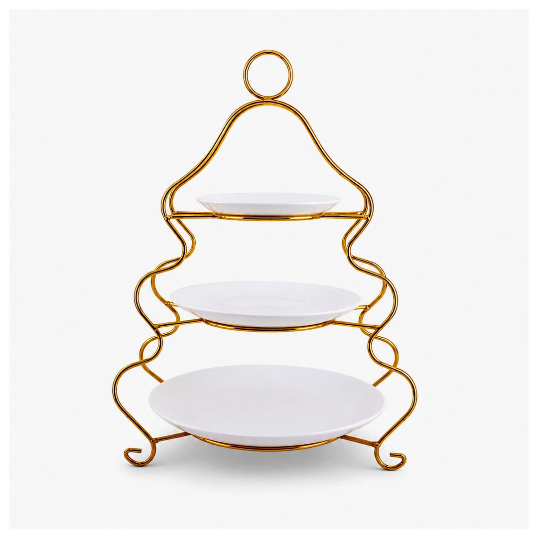 Brilliant Ceramic Round Dessert Stand | White Plates & Golden Metal Stand | 3-Tier