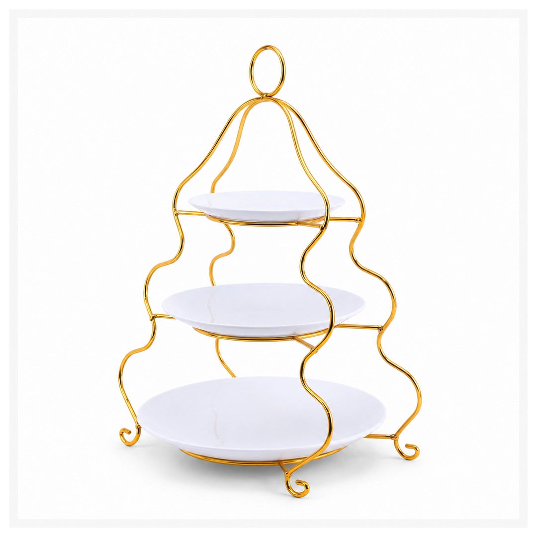 Brilliant Ceramic Round Dessert Stand | White Plates & Golden Metal Stand | 3-Tier