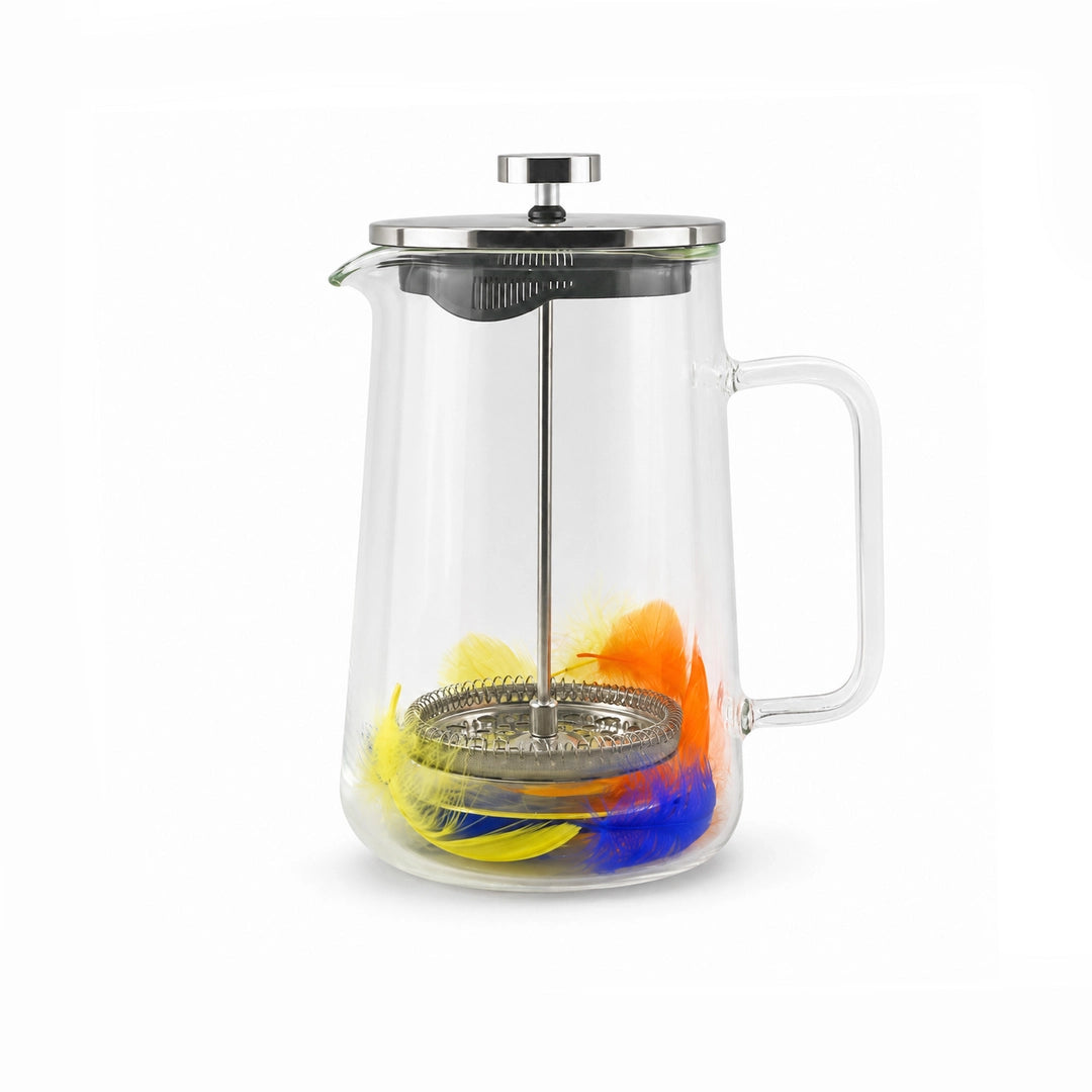 D.W.M Glass Double Wall French Press | Blue & Yellow Floating Feathers | 1 Litre