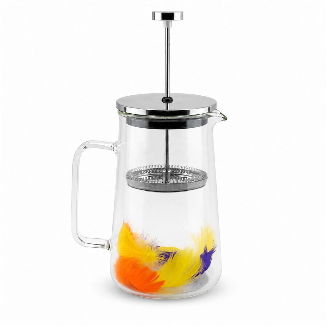 D.W.M Glass Double Wall French Press | Blue & Yellow Floating Feathers | 1 Litre