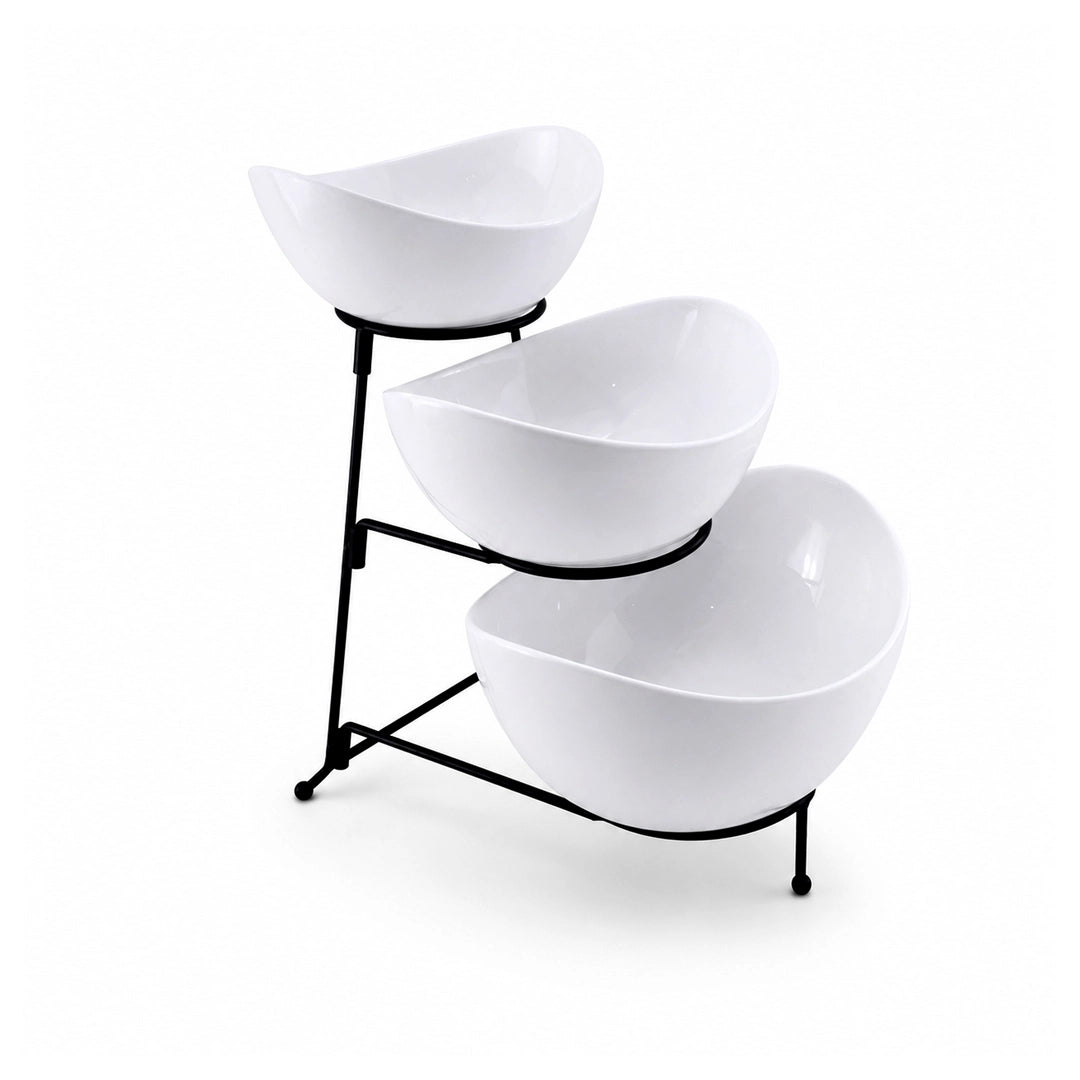 Brilliant Ceramic Serving Bowl Stand | White Bowls & Black Metal Stand | 3-Tier