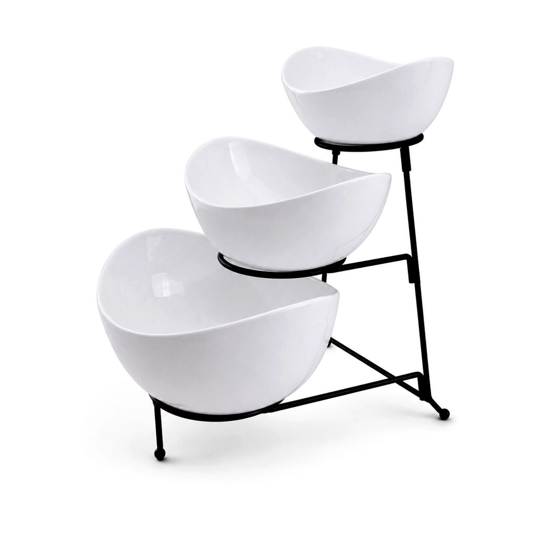 Brilliant Ceramic Serving Bowl Stand | White Bowls & Black Metal Stand | 3-Tier