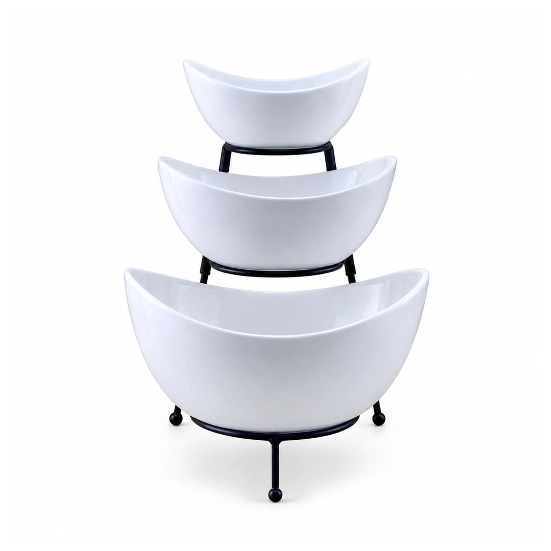 Brilliant Ceramic Serving Bowl Stand | White Bowls & Black Metal Stand | 3-Tier