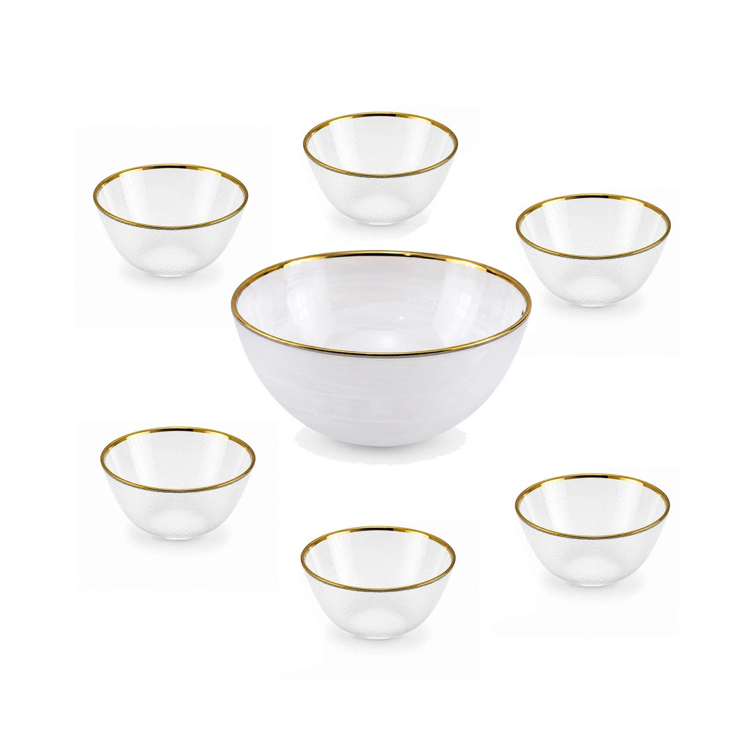 Danny Home 7-Piece Glass Serving Bowl Set | Clear With Gold Rim Strips